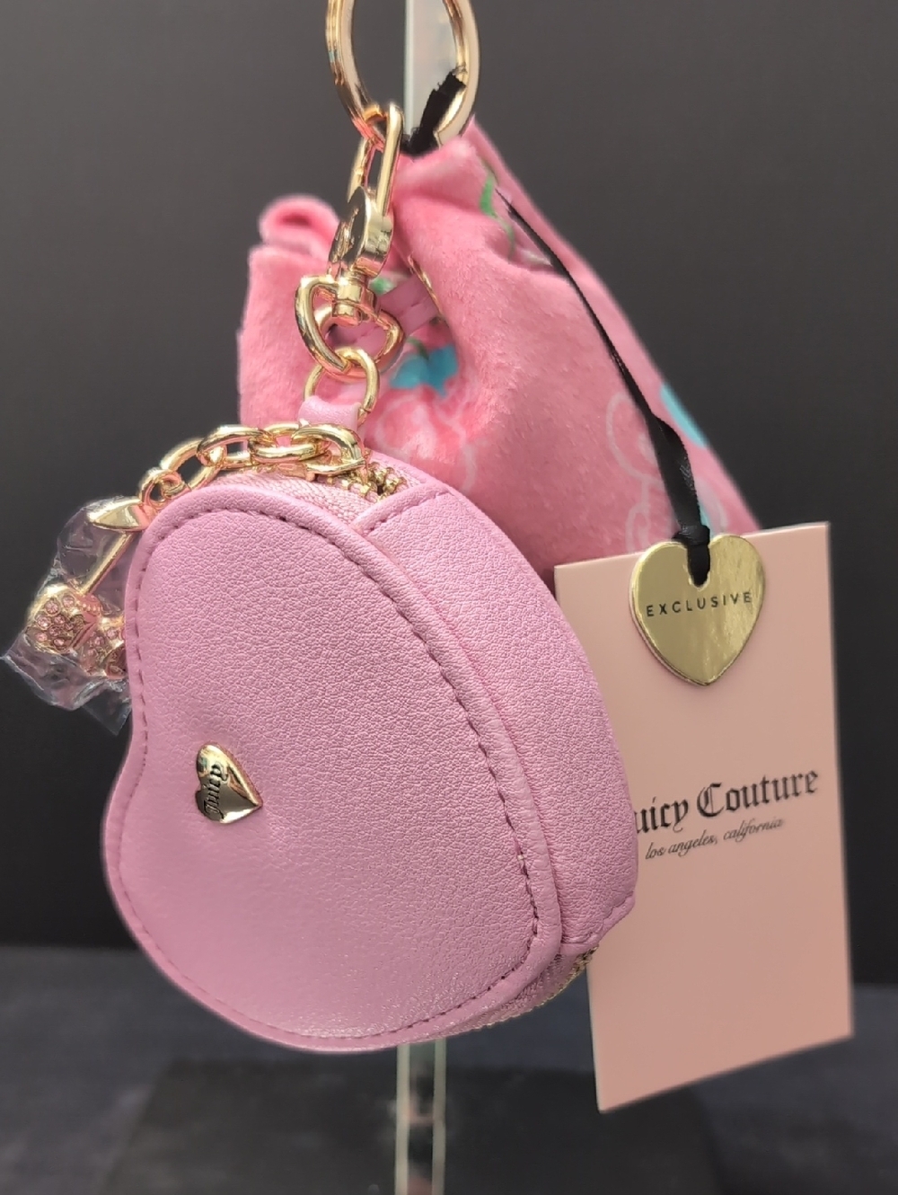 NWT,Juicy Couture Velour Micro Bag And Pouch Set In Pink with Cherry Print. - Picture 3 of 11
